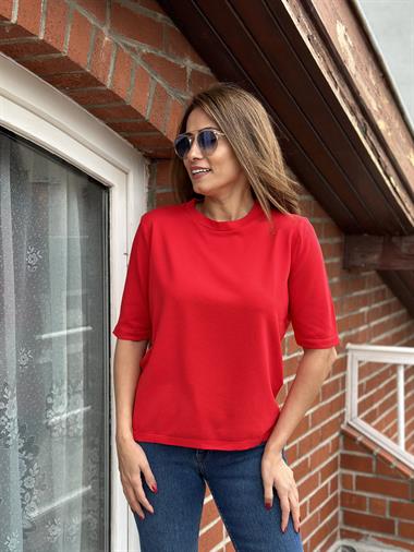 Kırmızı Bisiklet Yaka Arka Damla Detay Kısa Kol Merserize Kadın Bluz