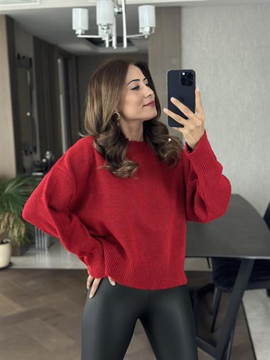 Kırmızı Bisiklet Yaka Oversize  Kadın Triko Kazak