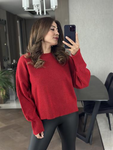 Kırmızı Bisiklet Yaka Oversize  Kadın Triko Kazak