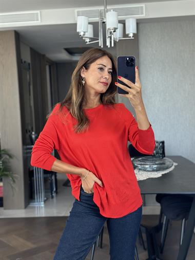 Kırmızı Bisiklet Yaka Uzun Kol Dlvn Düz Merserize Kadın Bluz