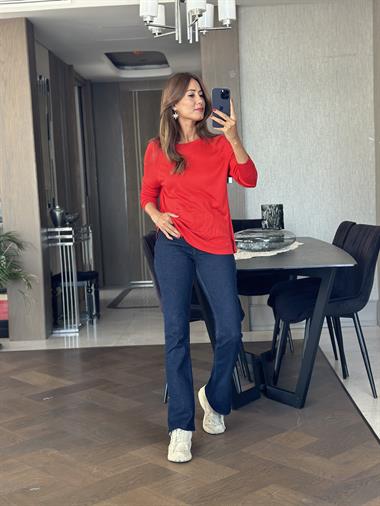 Kırmızı Bisiklet Yaka Uzun Kol Dlvn Düz Merserize Kadın Bluz