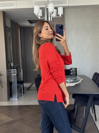 Kırmızı Bisiklet Yaka Uzun Kol Dlvn Düz Merserize Kadın Bluz