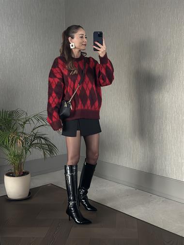 Kırmızı Bordo Bisiklet Yaka Baklava Desen Kadın Yumoş Kazak