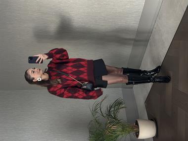 Kırmızı Bordo Bisiklet Yaka Baklava Desen Kadın Yumoş Kazak