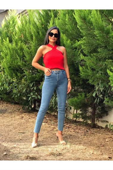 Kırmızı Çapraz Triko Bluz