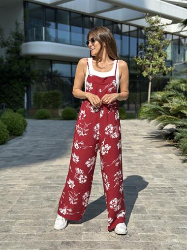 Kırmızı Çiçek  Askılı Kadın Tulum