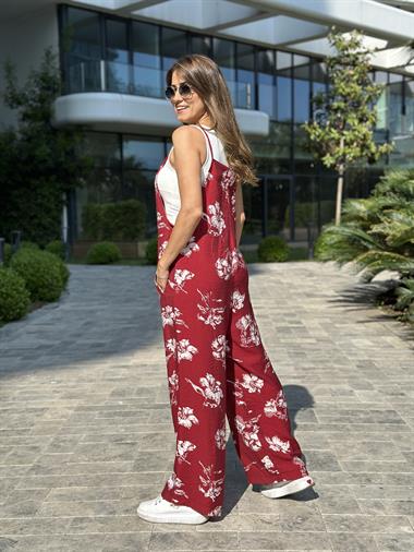 Kırmızı Çiçek  Askılı Kadın Tulum