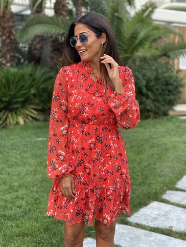 Kırmızı Çiçek Desen Hakim Yaka Etek Ucu Volanlı Şifon Kadın Elbise Volanlı