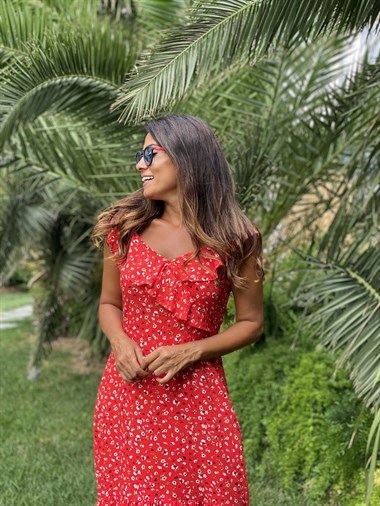 Kırmızı Çiçek Desen Yaka Volanlı Viskon Kadın Elbise