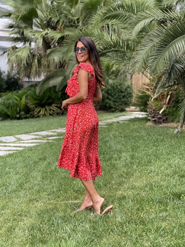 Kırmızı Çiçek Desen Yaka Volanlı Viskon Kadın Elbise