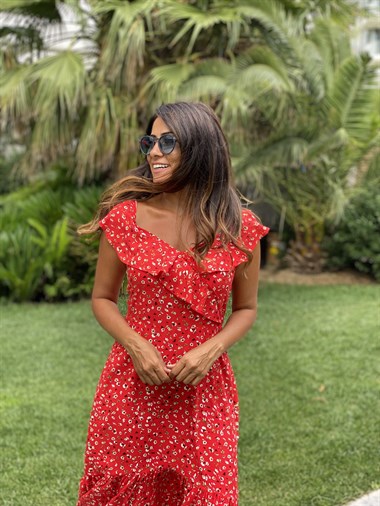 Kırmızı Çiçek Desen Yaka Volanlı Viskon Kadın Elbise