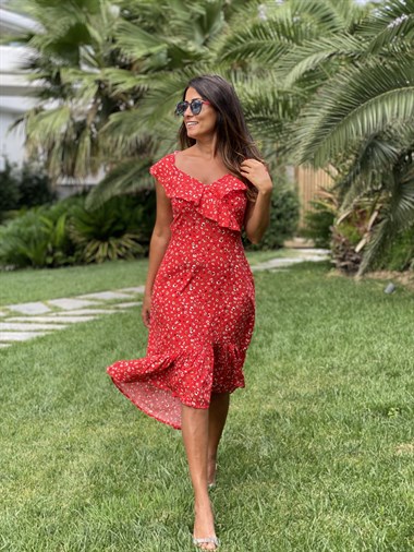 Kırmızı Çiçek Desen Yaka Volanlı Viskon Kadın Elbise