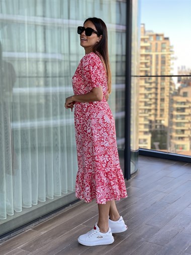 Kırmızı Çiçek Desenli Beli Lastikli Poplin Elbise