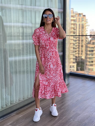 Kırmızı Çiçek Desenli Beli Lastikli Poplin Elbise