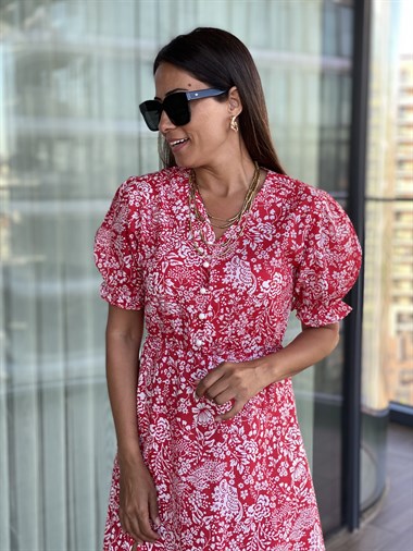 Kırmızı Çiçek Desenli Beli Lastikli Poplin Elbise