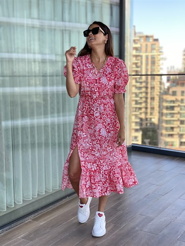 Kırmızı Çiçek Desenli Beli Lastikli Poplin Elbise