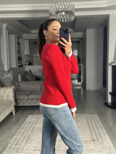 Kırmızı Çift Renk Ribanalı Fitilli Kadın Triko Kazak