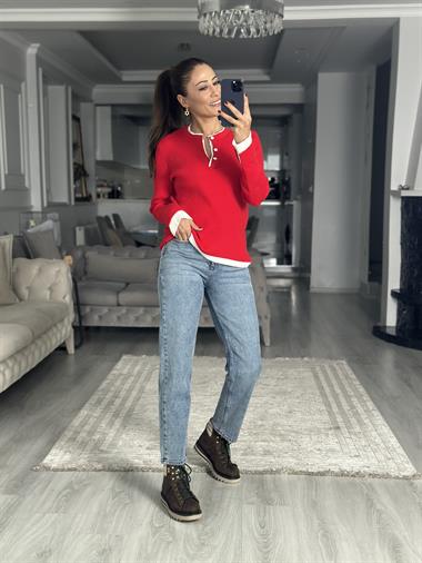 Kırmızı Çift Renk Ribanalı Fitilli Kadın Triko Kazak