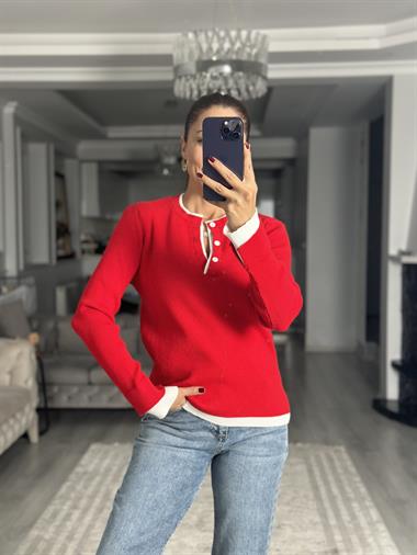 Kırmızı Çift Renk Ribanalı Fitilli Kadın Triko Kazak