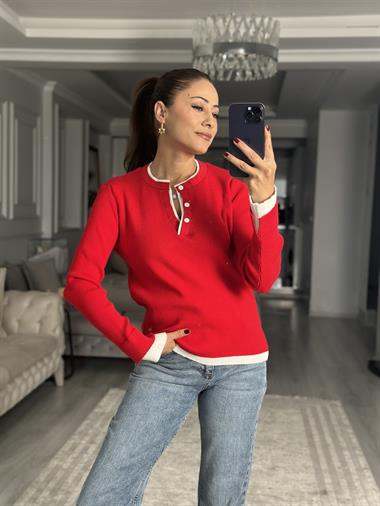 Kırmızı Çift Renk Ribanalı Fitilli Kadın Triko Kazak