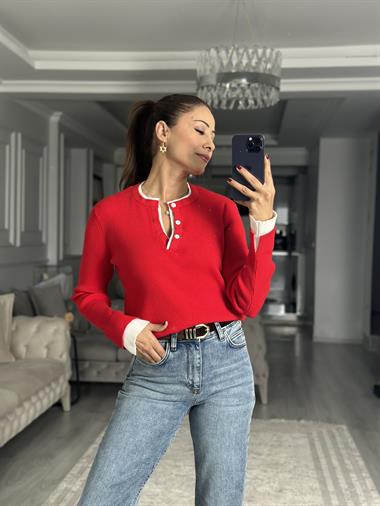 Kırmızı Çift Renk Ribanalı Fitilli Kadın Triko Kazak