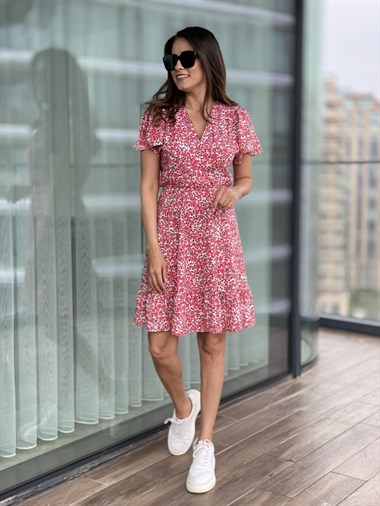 Kırmızı Çıtır Desen Kruvaze Volanlı Mini Elbise