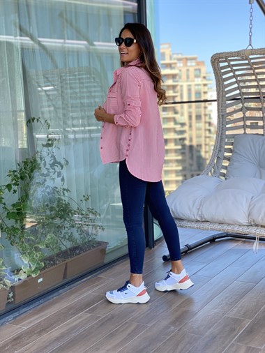 Kırmızı Çizgili Gofre Kadın Gömlek