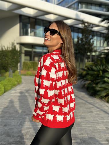 Kırmızı Diana Model Kuzu Desenli Triko Kadın Kazak 