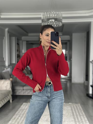 Kırmızı Dik Yaka Çift Taraf Fermuarlı Triko Kadın Hırka