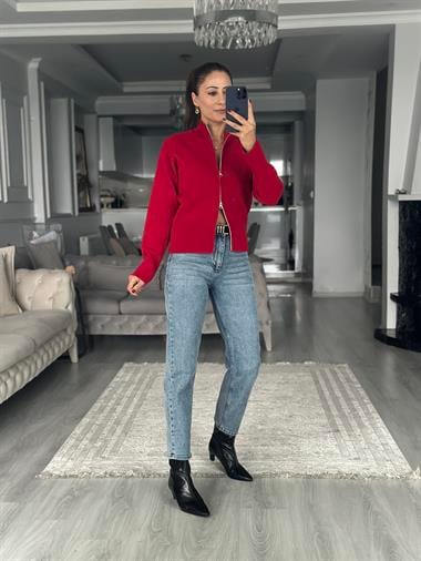 Kırmızı Dik Yaka Çift Taraf Fermuarlı Triko Kadın Hırka