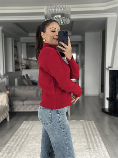 Kırmızı Dik Yaka Çift Taraf Fermuarlı Triko Kadın Hırka