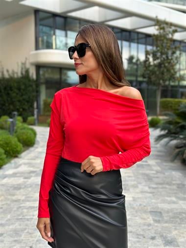Kırmızı Düşük Omuz Sandy Kadın Bluz