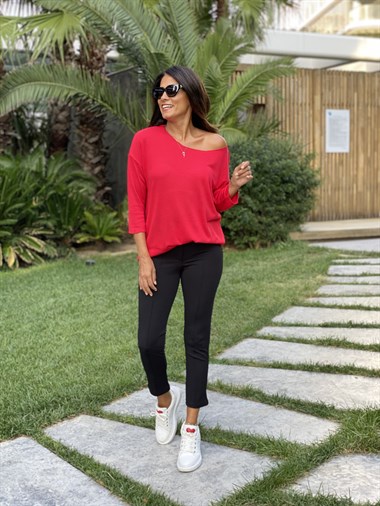 Kırmızı Düz Merserize Kadın Bluz