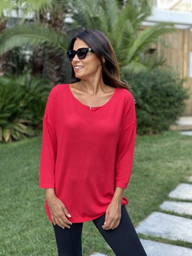 Kırmızı Düz Merserize Kadın Bluz