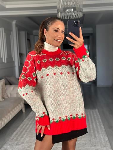 Kırmızı Ekru Yılbaşı Temalı Bisiklet Yaka Kadın Triko Kazak