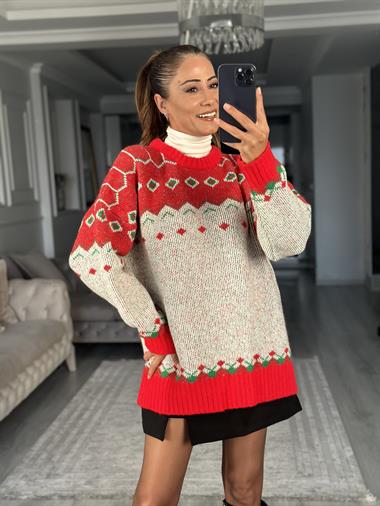 Kırmızı Ekru Yılbaşı Temalı Bisiklet Yaka Kadın Triko Kazak