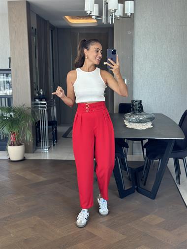 Kırmızı Ekstra Yüksek Bel Tokalı Marka Model Kadın Pantolon