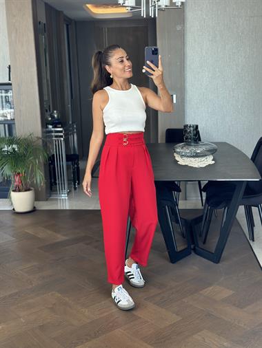 Kırmızı Ekstra Yüksek Bel Tokalı Marka Model Kadın Pantolon
