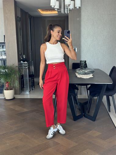 Kırmızı Ekstra Yüksek Bel Tokalı Marka Model Kadın Pantolon