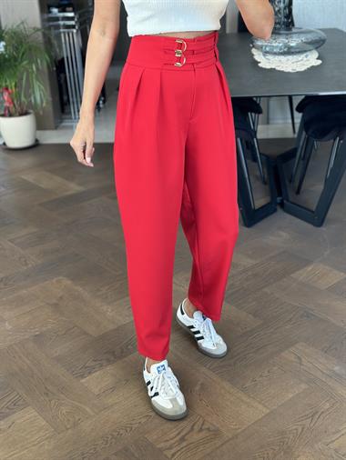 Kırmızı Ekstra Yüksek Bel Tokalı Marka Model Kadın Pantolon