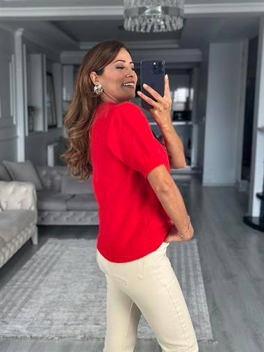 Kırmızı Fularlı Bisiklet Yaka Kısa Kol Kadın Triko Kazak