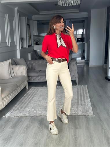 Kırmızı Fularlı Bisiklet Yaka Kısa Kol Kadın Triko Kazak