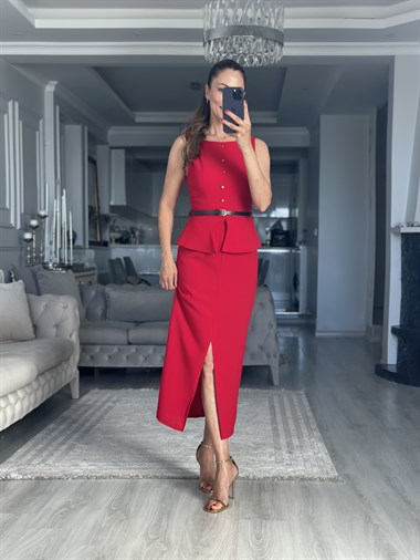 Kırmızı Gold Düğmeli Kemerli Peplum Midi Boy Kadın Elbise