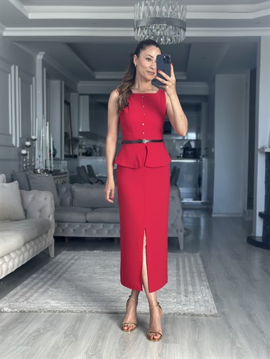 Kırmızı Gold Düğmeli Kemerli Peplum Midi Boy Kadın Elbise