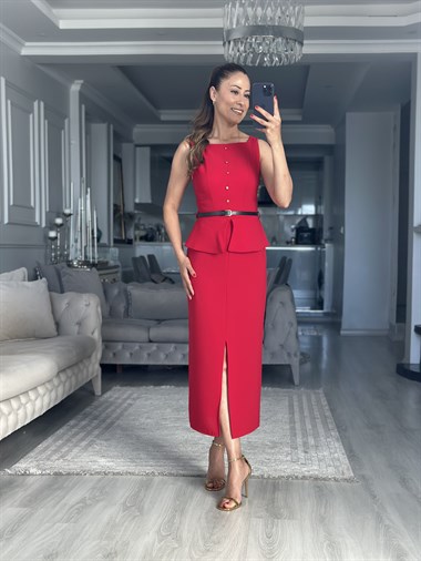Kırmızı Gold Düğmeli Kemerli Peplum Midi Boy Kadın Elbise