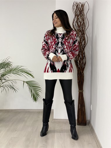 Kırmızı Beyaz Desenli Balıkçı Kadın Kazak