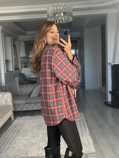 Kırmızı Gri Kareli Oversize Kadın Gömlek