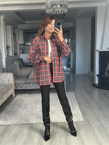 Kırmızı Gri Kareli Oversize Kadın Gömlek