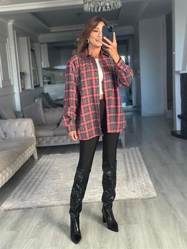 Kırmızı Gri Kareli Oversize Kadın Gömlek