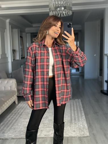 Kırmızı Gri Kareli Oversize Kadın Gömlek